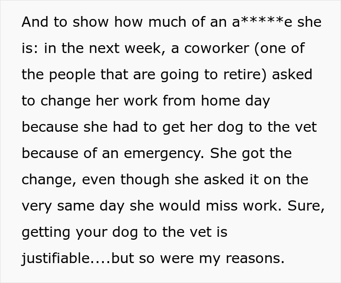 Text excerpt describing an employee's experience dealing with unfair treatment and work-from-home requests. Text excerpt describing an employee's experience dealing with unfair treatment and work-from-home requests.