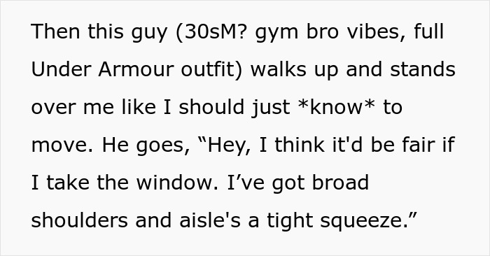 Man invades woman’s personal space on flight after she declines to swap seats, claiming to be a victim of modern times.