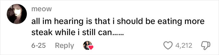 Text message on social media about eating more steak, illustrating thoughts on mortality and passing away. Text message on social media about eating more steak, illustrating thoughts on mortality and passing away.