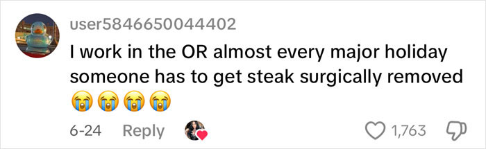 Screenshot of a social media comment about working in the OR and removing steak surgically related to autopsy tech revelations. Screenshot of a social media comment about working in the OR and removing steak surgically related to autopsy tech revelations.