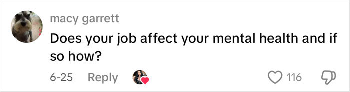 Comment from Macy Garrett asking how a job affects mental health, related to autopsy tech revealing unusual causes of death. Comment from Macy Garrett asking how a job affects mental health, related to autopsy tech revealing unusual causes of death.