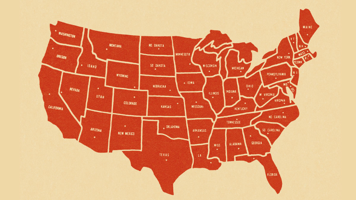Red vintage style map of the USA showing state names representing average IQ distribution by state leaders and laggards.