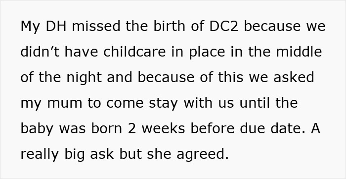 Text excerpt about childcare struggles and a grandmother agreeing to help before baby’s early arrival. Text excerpt about childcare struggles and a grandmother agreeing to help before baby’s early arrival.
