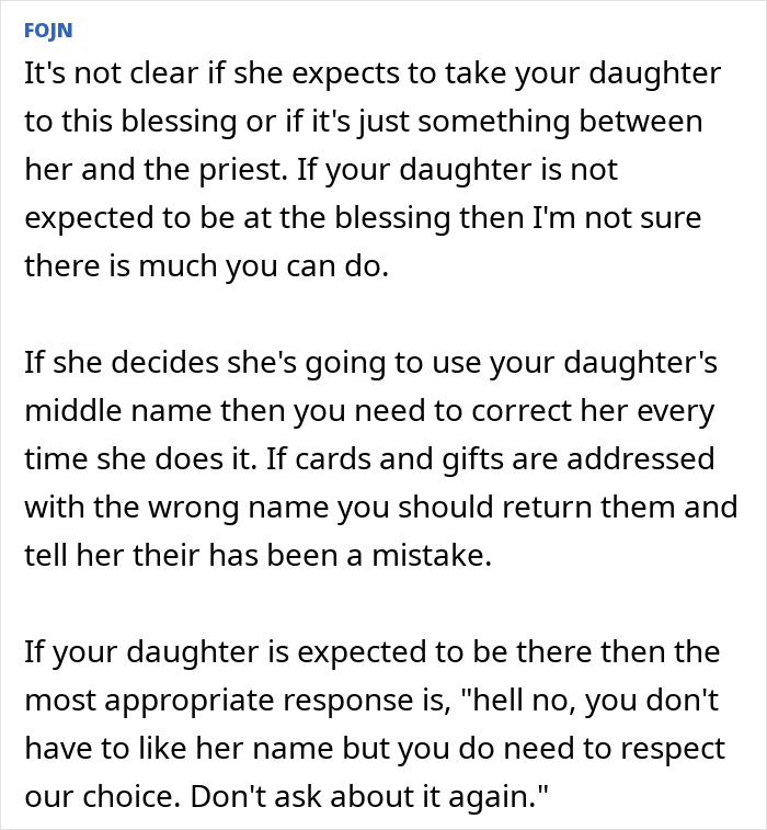 Text excerpt discussing a mother uncomfortable with MIL demanding a more Christian name for her baby and how to handle it.