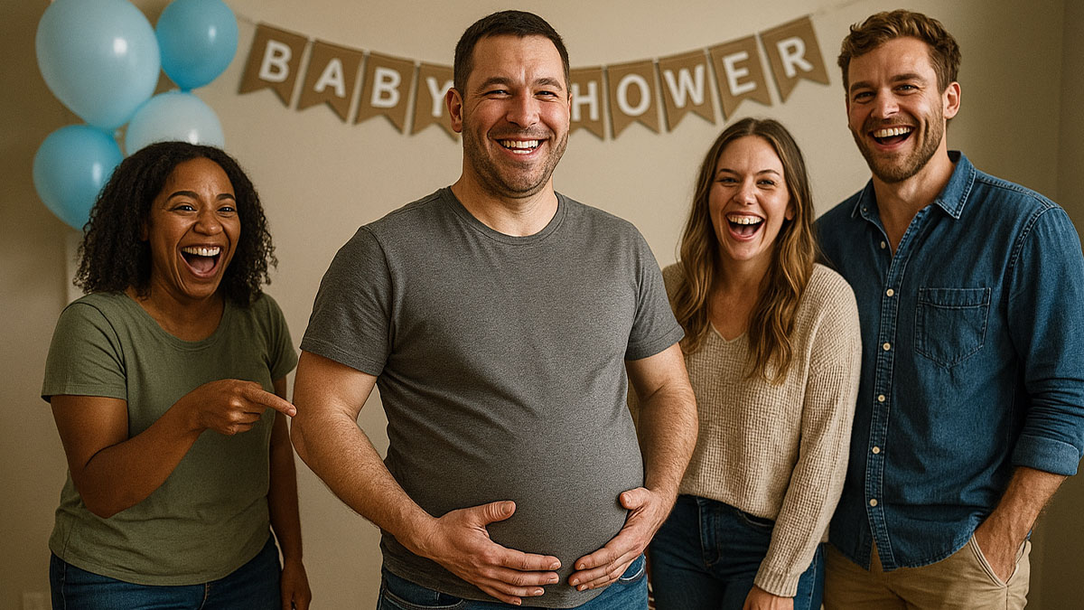 Manu2019s baby shower with friends shows man humorously posing with fake belly while group laughs at celebration.