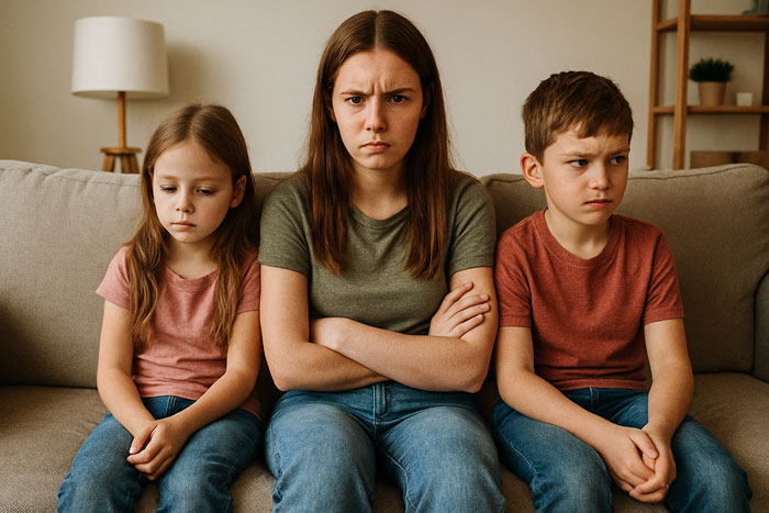 Teen refuses to babysit step-siblings for a week, sitting with a frustrated expression between two upset children on couch Teen refuses to babysit step-siblings for a week, sitting with a frustrated expression between two upset children on couch