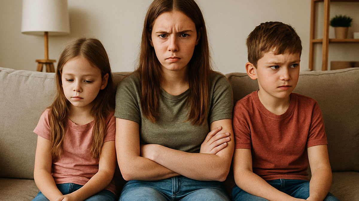 Teen refuses to babysit step-siblings for a week, looking upset while sitting on a couch with two younger children.