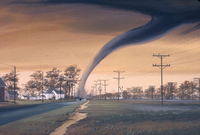 A dark tornado swirling over a rural landscape near houses and telephone poles, evoking creepy babysitter stories.