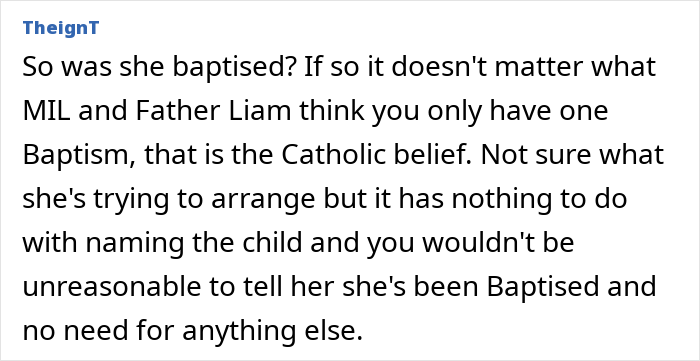 Comment discussing MIL demanding a more Christian baby name and the mom feeling uncomfortable with the situation.