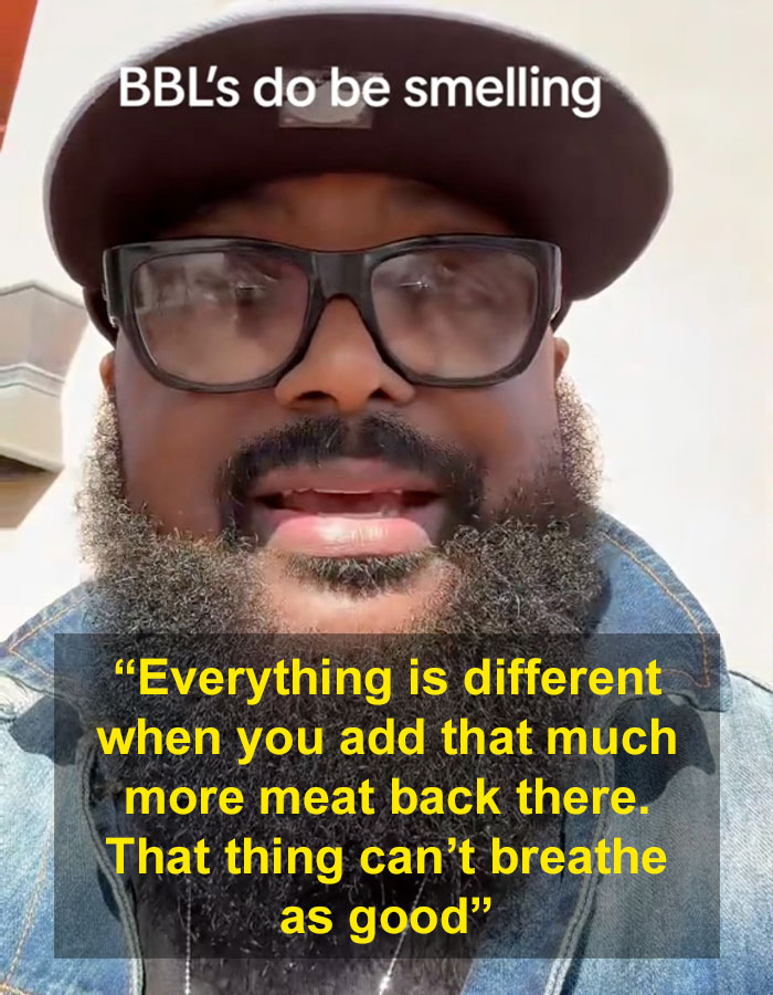 Man wearing glasses and a hat discusses BBL smell issues and challenges patients face wiping properly after surgery. Man wearing glasses and a hat discusses BBL smell issues and challenges patients face wiping properly after surgery.