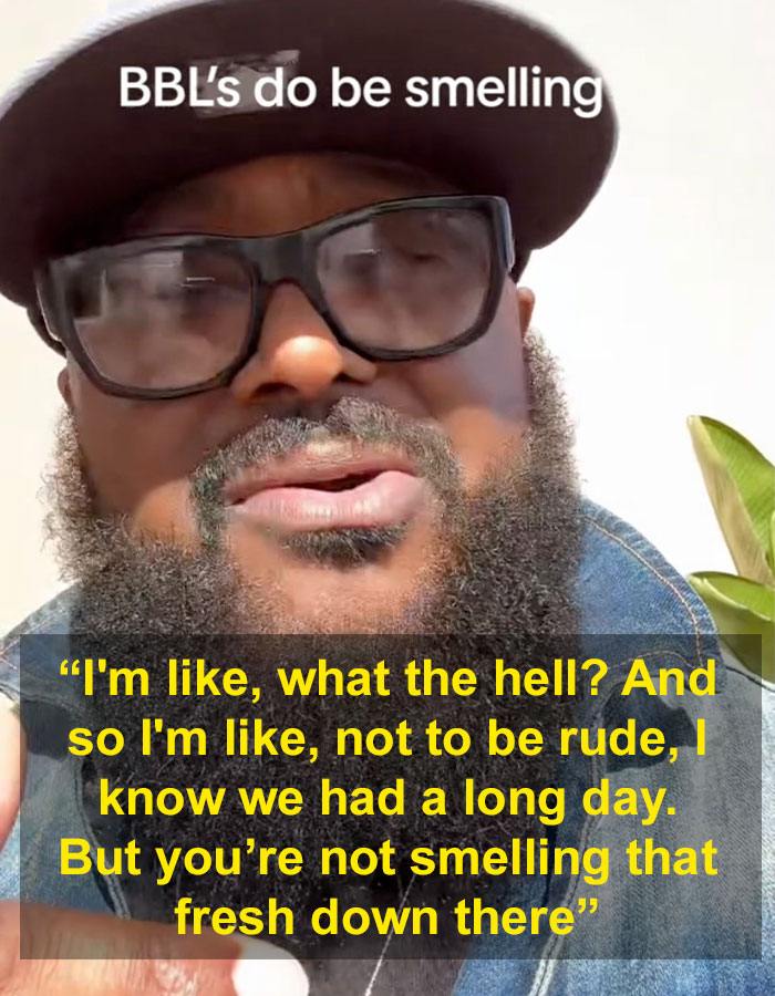 Man with glasses and hat discussing the BBL smell as patients report struggle to wipe properly after surgery. Man with glasses and hat discussing the BBL smell as patients report struggle to wipe properly after surgery.