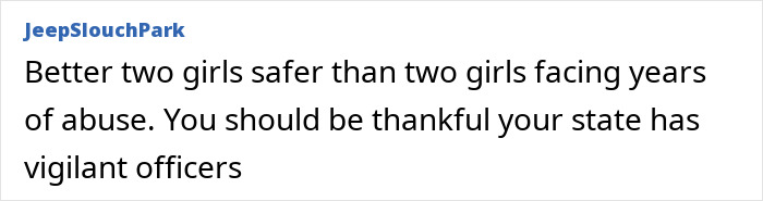 Comment text on a social media post discussing vigilant officers in a case involving a white foster dad accused of trafficking. Comment text on a social media post discussing vigilant officers in a case involving a white foster dad accused of trafficking.