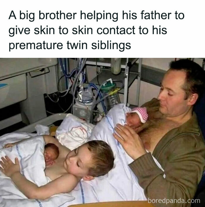 A big brother and father sharing skin to skin contact with premature twin babies, showing the beauty of planet Earth.