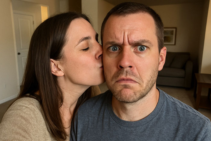 Woman forcefully kissing her husband on the cheek while he looks shocked, wondering about a possible affair. Woman forcefully kissing her husband on the cheek while he looks shocked, wondering about a possible affair.
