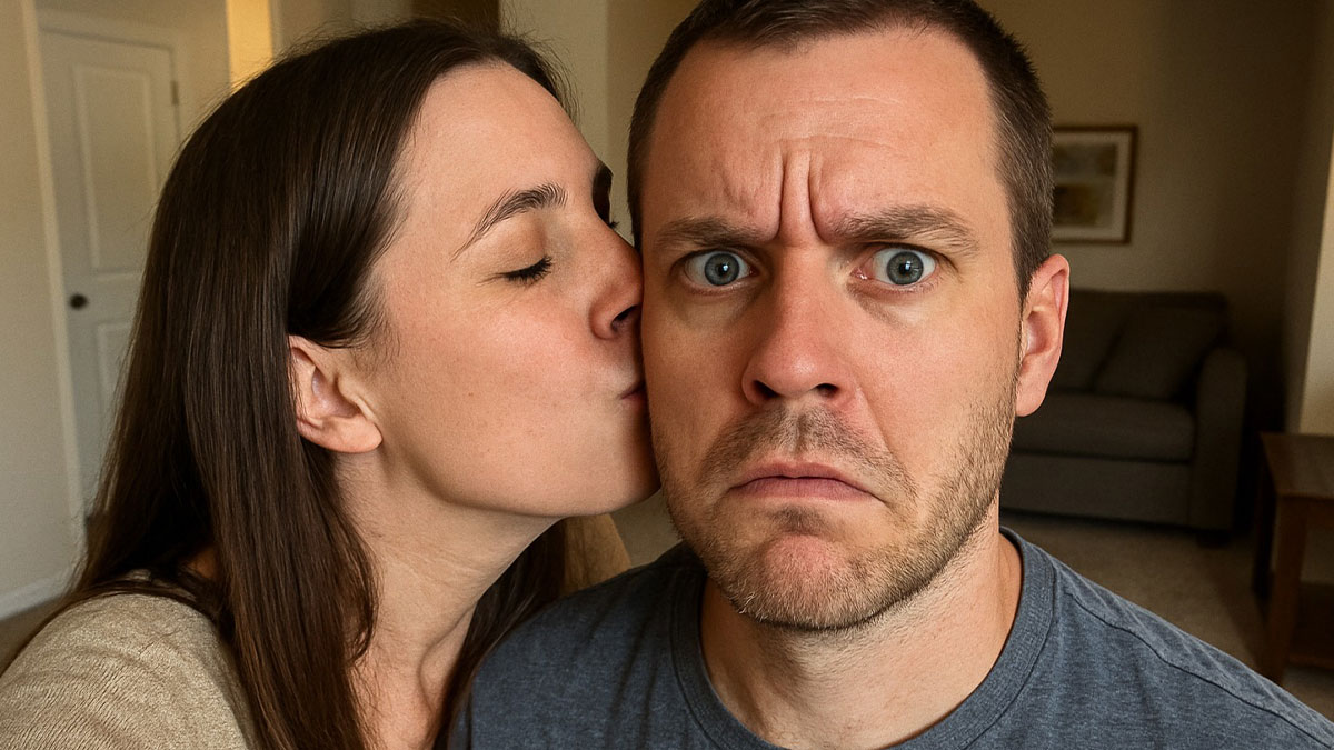 Woman forcefully kissing shocked husband on the cheek while he shows suspicion, hinting at hiding an affair.