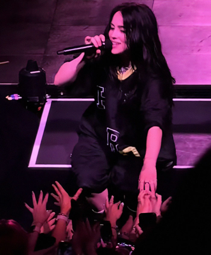 Billie Eilish performing on stage, interacting with fans during a live show amid racial comment controversy. Billie Eilish performing on stage, interacting with fans during a live show amid racial comment controversy.