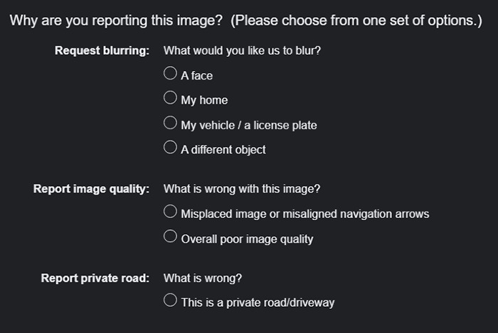 Form for requesting Google Maps blurring of house, vehicle, or face with quality and private road report options. Form for requesting Google Maps blurring of house, vehicle, or face with quality and private road report options.