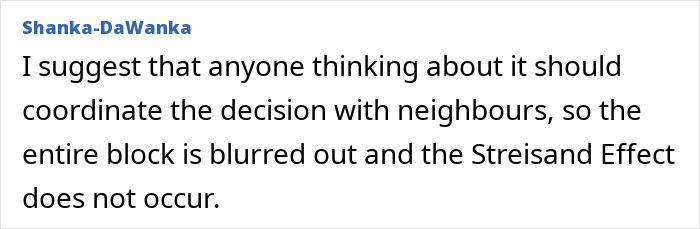 Comment suggesting neighbors coordinate to blur their houses on Google Maps to avoid the Streisand Effect risk. Comment suggesting neighbors coordinate to blur their houses on Google Maps to avoid the Streisand Effect risk.