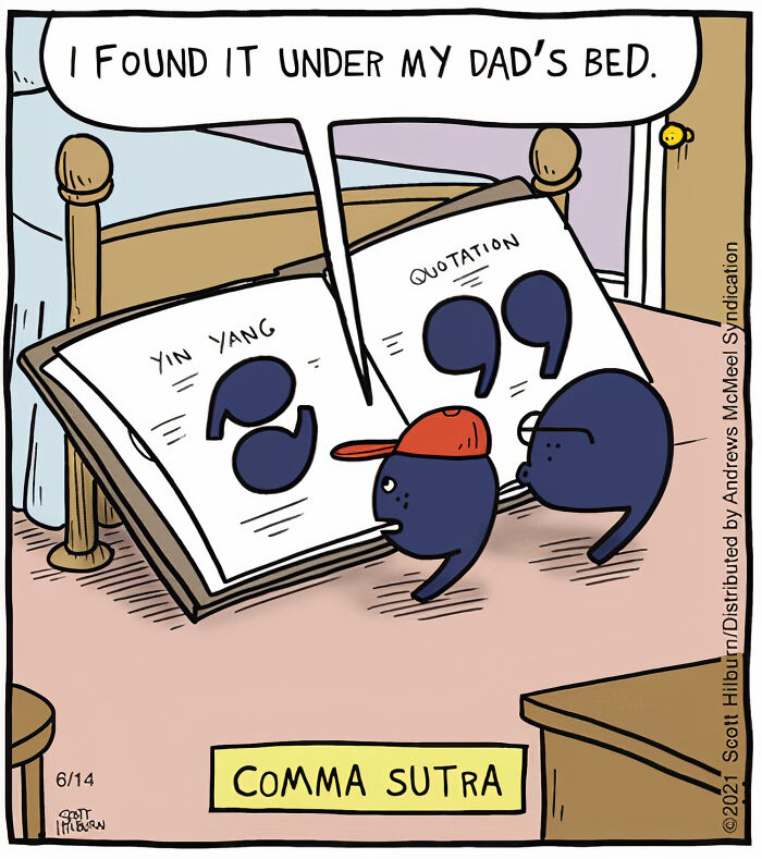 Illustration of animated punctuation marks in a book, humorously titled Comma Sutra, with cringy jokes about boomers online.