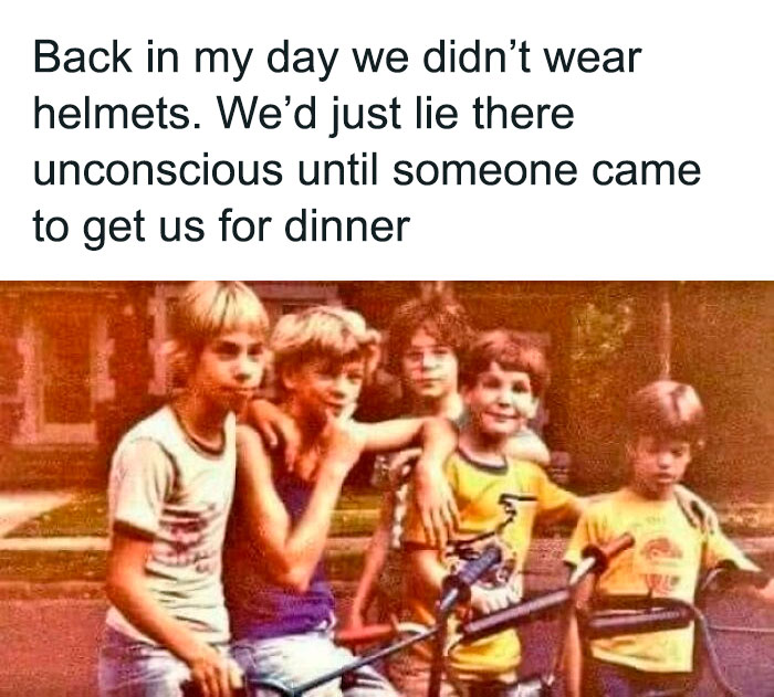 Group of kids in vintage photo with caption about not wearing helmets, showing cringy jokes involving boomers and the internet.