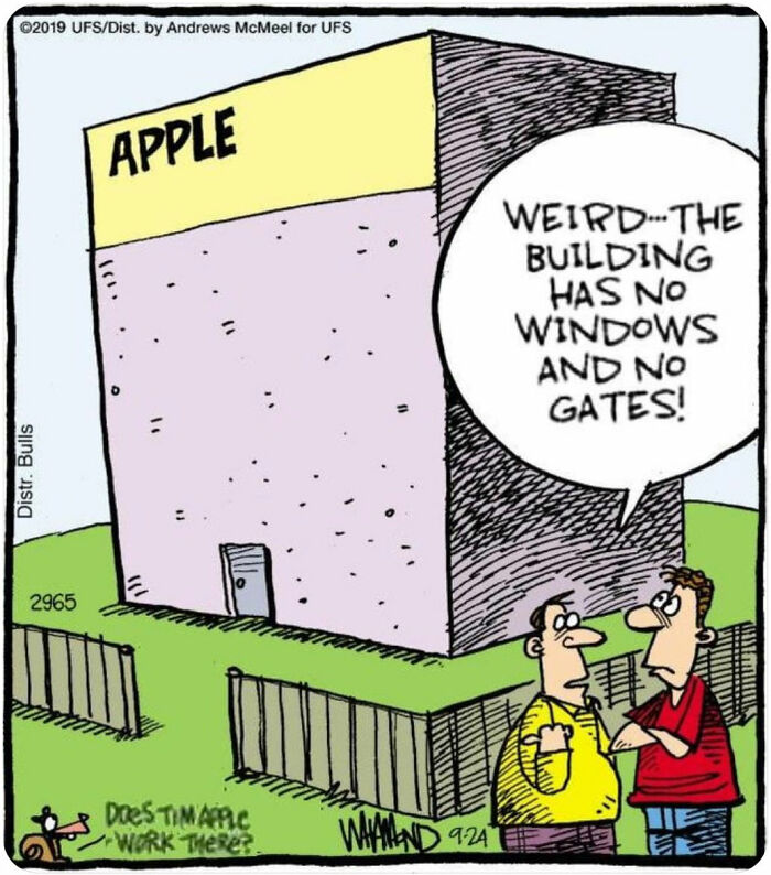 Cartoon of Apple Headquarters building with no windows or gates and two men puzzled, highlighting cringy boomer internet jokes.