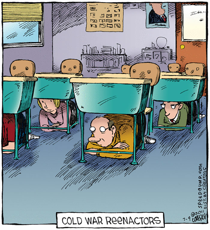Classroom scene with adults hiding under desks for Cold War reenactment in a cringy boomer internet joke cartoon.