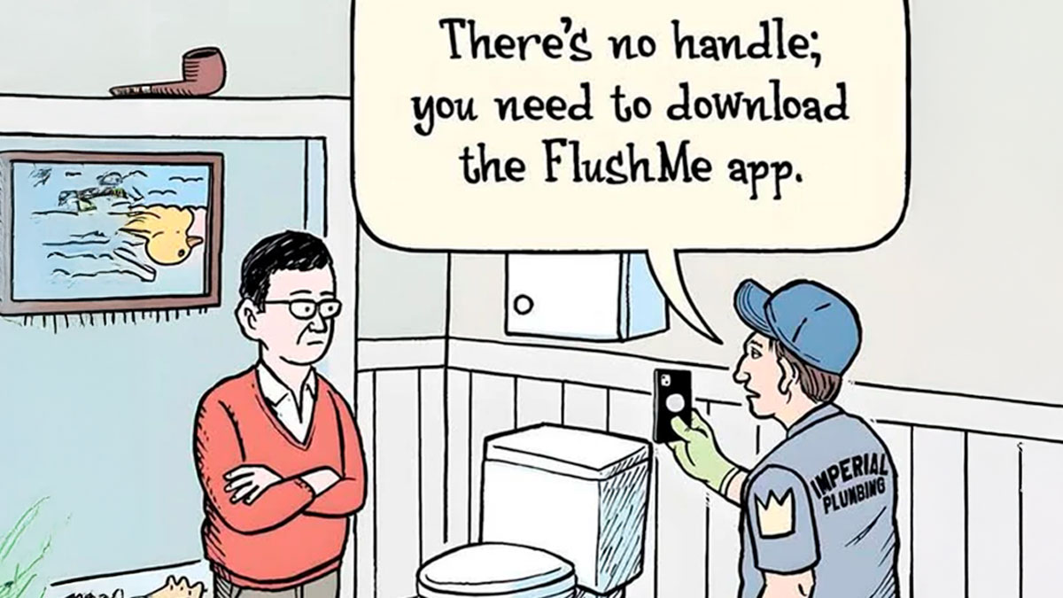 Cartoon showing a plumber telling a man to download an app, highlighting cringy jokes about boomers and the internet.