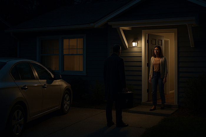 Single mom looking uncomfortable as boss unexpectedly arrives at her home late at night under porch light. Single mom looking uncomfortable as boss unexpectedly arrives at her home late at night under porch light.