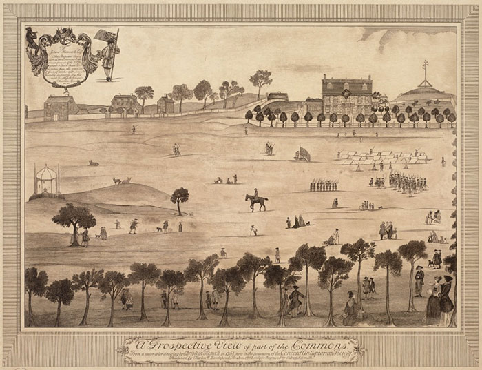 Vintage illustration showing a colonial-era scene with people and buildings linked to Boston’s oldest families. Vintage illustration showing a colonial-era scene with people and buildings linked to Boston’s oldest families.