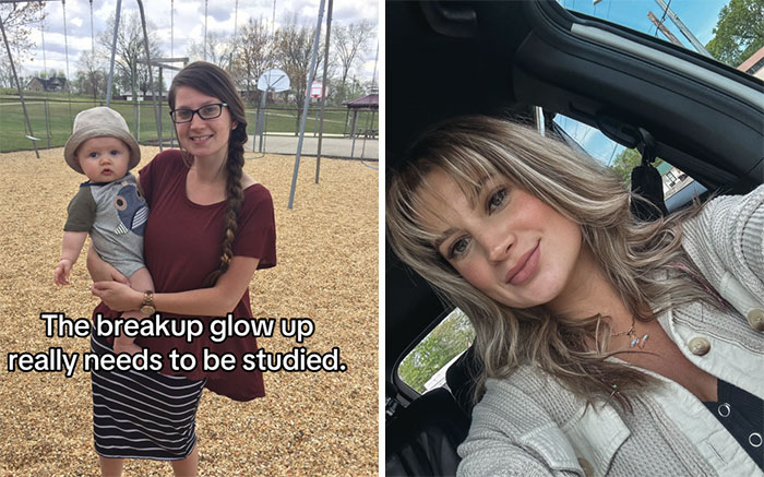 Side-by-side comparison photos showing the breakup glow-up effect with noticeable positive transformation and confidence.