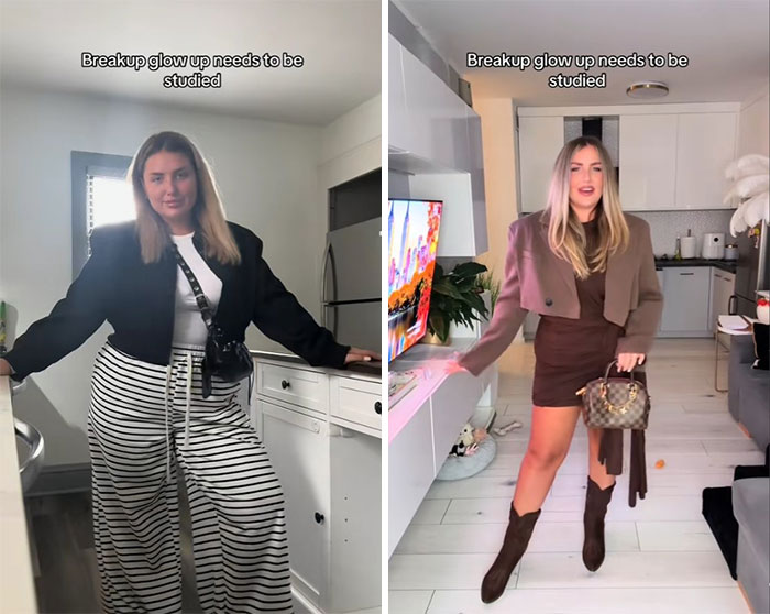 Side-by-side comparison of a woman showing the breakup glow-up effect with stylish new looks and confidence.