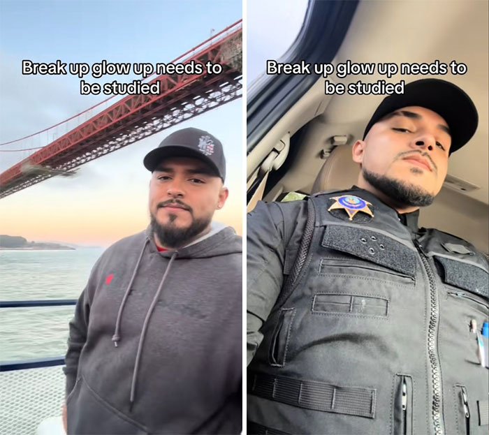 Side-by-side comparison of a man showing the breakup glow up effect with different looks and settings.