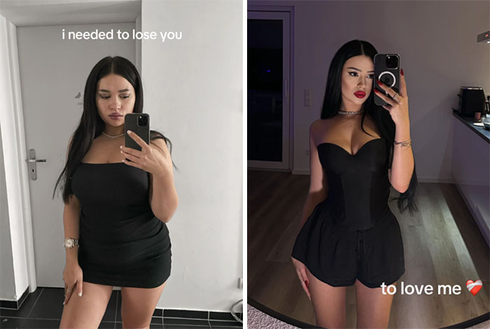 Side-by-side comparison photos showing the breakup glow-up effect with a woman before and after her transformation.