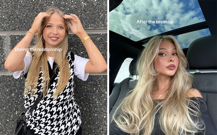 Side-by-side comparison of a woman during the relationship and after the breakup showing the breakup glow-up effect.