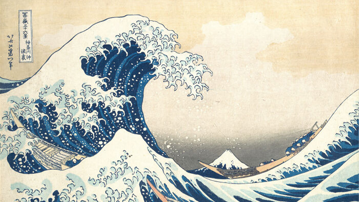 Japanese woodblock print depicting dramatic ocean waves with boats and Mount Fuji, a foreign artifact in the British Museum