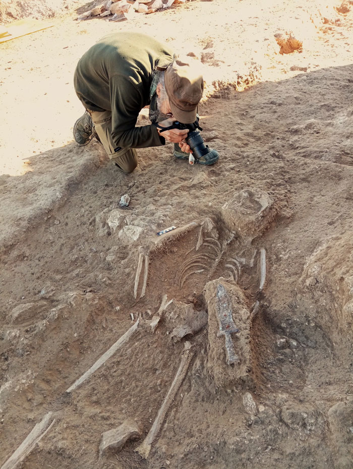 Archaeologist photographing ancient skeletal remains uncovered during workers digging for solar farm construction. Archaeologist photographing ancient skeletal remains uncovered during workers digging for solar farm construction.