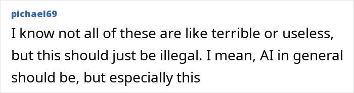 Comment on AI products expressing concern over legality and usefulness, questioning the value and ethics of AI in general. Comment on AI products expressing concern over legality and usefulness, questioning the value and ethics of AI in general.