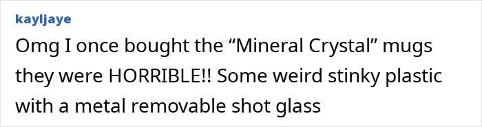 Text post with user kayljaye sharing a negative review about buying AI products described as weird stinky plastic with a removable metal shot glass. Text post with user kayljaye sharing a negative review about buying AI products described as weird stinky plastic with a removable metal shot glass.