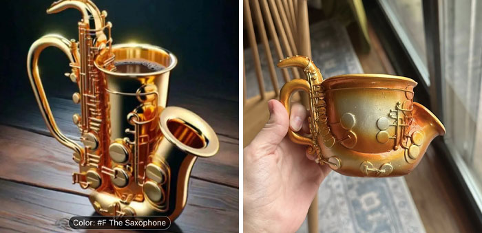 Side-by-side images of a realistic saxophone cup and a woman holding a fake AI product saxophone mug for comparison. Side-by-side images of a realistic saxophone cup and a woman holding a fake AI product saxophone mug for comparison.