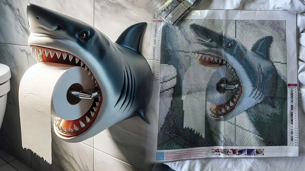 Shark-shaped toilet paper holder installed in bathroom alongside a pixel art kit of the same shark design.