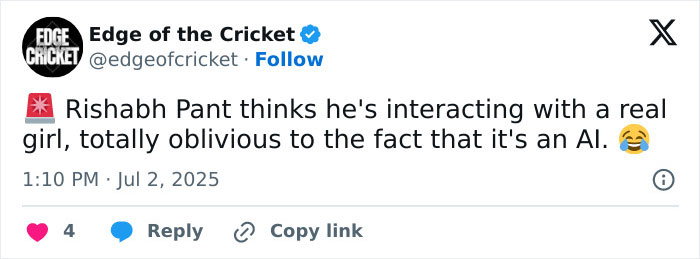 Tweet from Edge of the Cricket about top athlete mocked after interacting with fake influencer at Wimbledon. Tweet from Edge of the Cricket about top athlete mocked after interacting with fake influencer at Wimbledon.