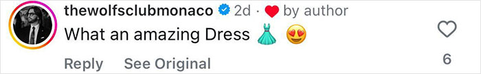 Comment on social media praising a dress, featuring user thewolfsclubmonaco with heart emoji and dress and heart-eyes emojis. Comment on social media praising a dress, featuring user thewolfsclubmonaco with heart emoji and dress and heart-eyes emojis.