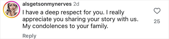 Comment on Instagram expressing condolences and respect for a mom who starved herself to protect kids from struggling to breathe. Comment on Instagram expressing condolences and respect for a mom who starved herself to protect kids from struggling to breathe.