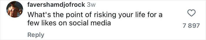 Comment on social media questioning the point of risking life for likes, related to footage of daredevil dive injury. Comment on social media questioning the point of risking life for likes, related to footage of daredevil dive injury.