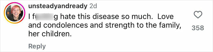 Instagram user expressing hatred for disease and sending love, condolences, and strength to family and children affected.