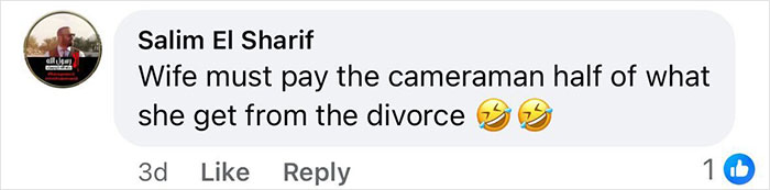 Facebook comment from Salim El Sharif joking about divorce and payment to cameraman, related to Coldplay HR exec mortgage case. Facebook comment from Salim El Sharif joking about divorce and payment to cameraman, related to Coldplay HR exec mortgage case.
