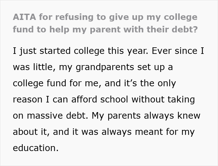 Text post about a teen refusing to sacrifice her future by using her college fund to fix parents’ financial mistakes.
