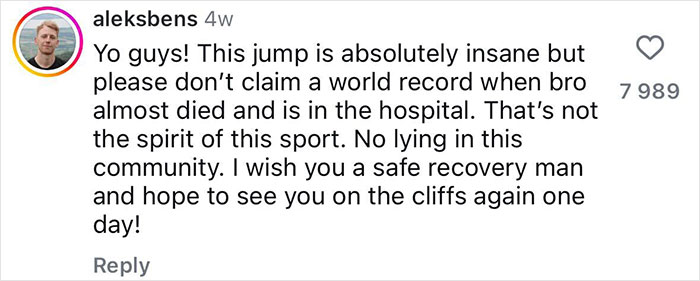 Comment on social media from user warning about a 21-year-old daredevil seriously injuring himself attempting a record-breaking dive. Comment on social media from user warning about a 21-year-old daredevil seriously injuring himself attempting a record-breaking dive.