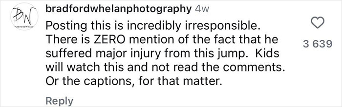 Comment from bradfordwhelanphotography criticizing irresponsible posting of footage showing 21YO daredevil seriously injuring himself during record dive. Comment from bradfordwhelanphotography criticizing irresponsible posting of footage showing 21YO daredevil seriously injuring himself during record dive.