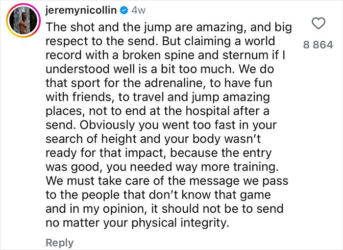 Comment from jeremynicolllin discussing dangers of record-breaking dive attempts and injuries to daredevils seeking adrenaline. Comment from jeremynicolllin discussing dangers of record-breaking dive attempts and injuries to daredevils seeking adrenaline.